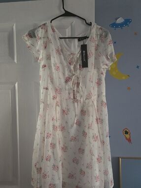 Allegra K White Floral Lace-Up Short Sleeve Dress